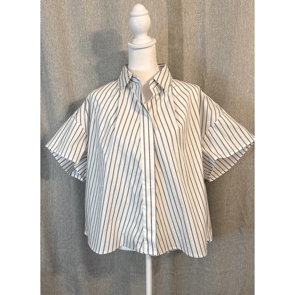 Elan Striped Crop Button Down Blouse Women's Size Medium Office Minimalist White - Picture 2 of 10